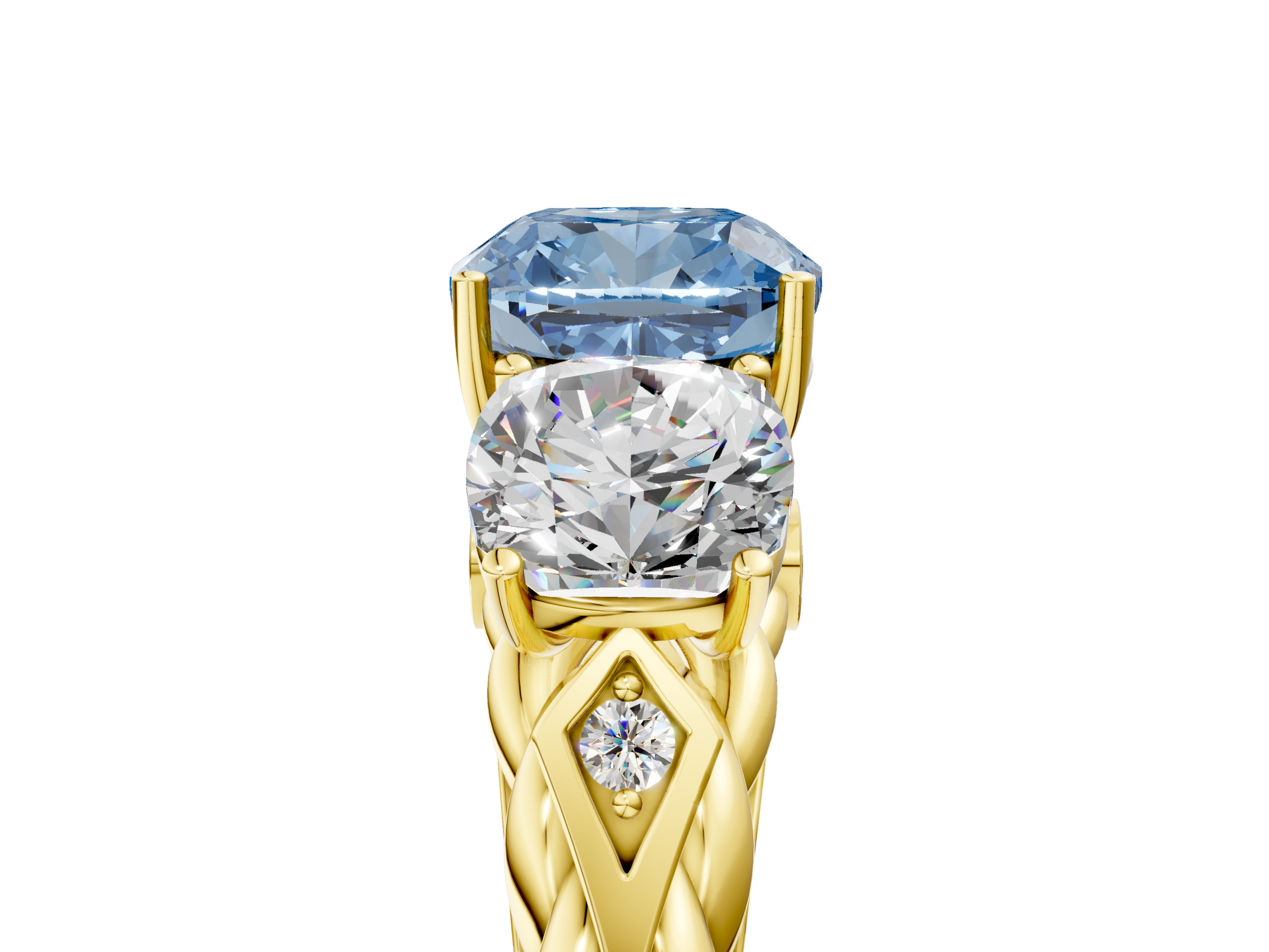Yellow gold Fancy Blue Cushion  Cut Three-Stone Braided Band Ring with Four-Prong Setting_25