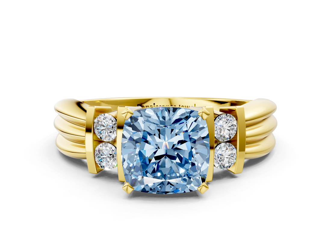 Yellow gold Fancy Blue Cushion  Cut Three-Stone Channel Set Ring with Bar Prongs_59