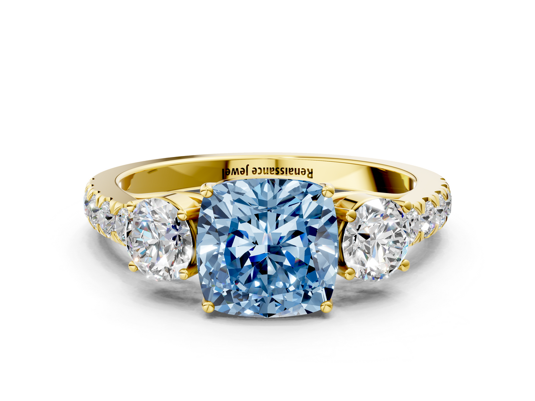 Yellow gold Fancy Blue Cushion  Cut Three-Stone Diamond Pave Band with Prong Setting_32