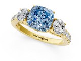Yellow gold Fancy Blue Cushion  Cut Three-Stone Diamond Pave Band with Prong Setting_33