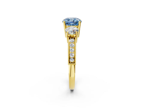 Yellow gold Fancy Blue Cushion Cut Three-Stone Diamond Ring with Pavé Band and Four-Prong Setting_2
