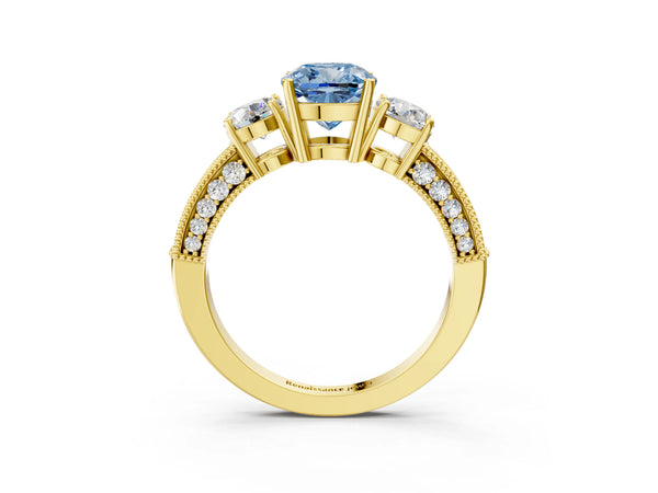 Yellow gold Fancy Blue Cushion Cut Three-Stone Diamond Ring with Pavé Band and Four-Prong Setting