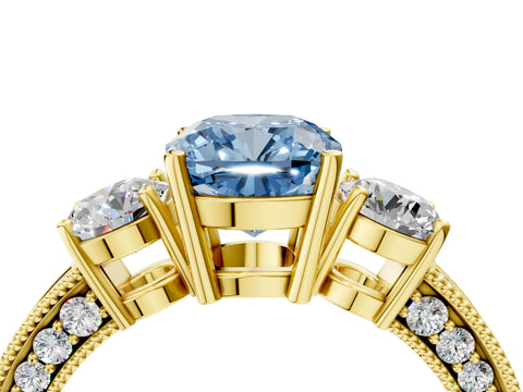 Yellow gold Fancy Blue Cushion Cut Three-Stone Diamond Ring with Pavé Band and Four-Prong Setting_4