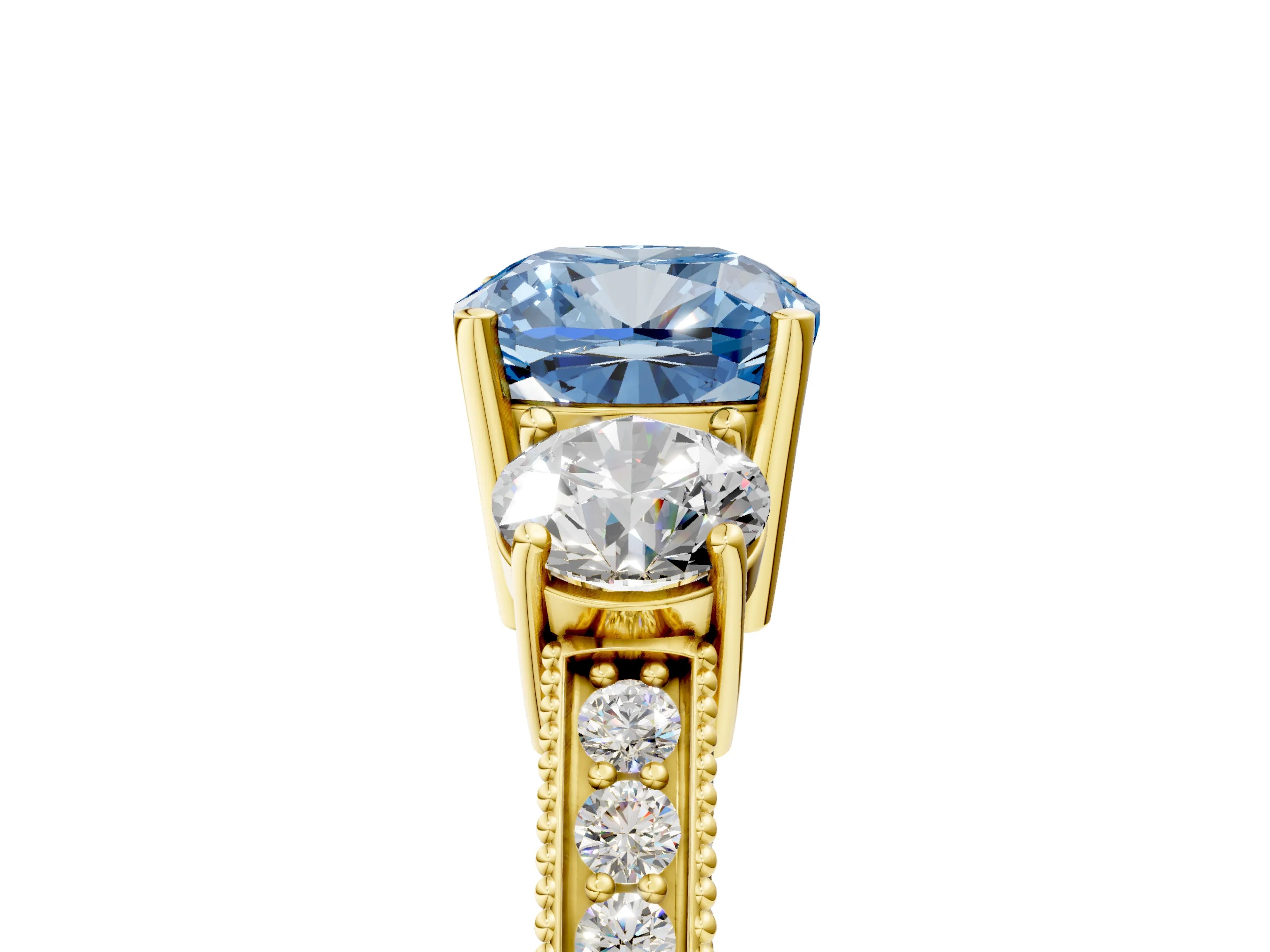 Yellow gold Fancy Blue Cushion Cut Three-Stone Diamond Ring with Pavé Band and Four-Prong Setting_5