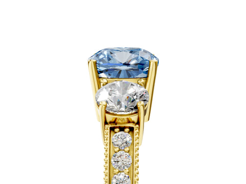 Yellow gold Fancy Blue Cushion Cut Three-Stone Diamond Ring with Pavé Band and Four-Prong Setting_5