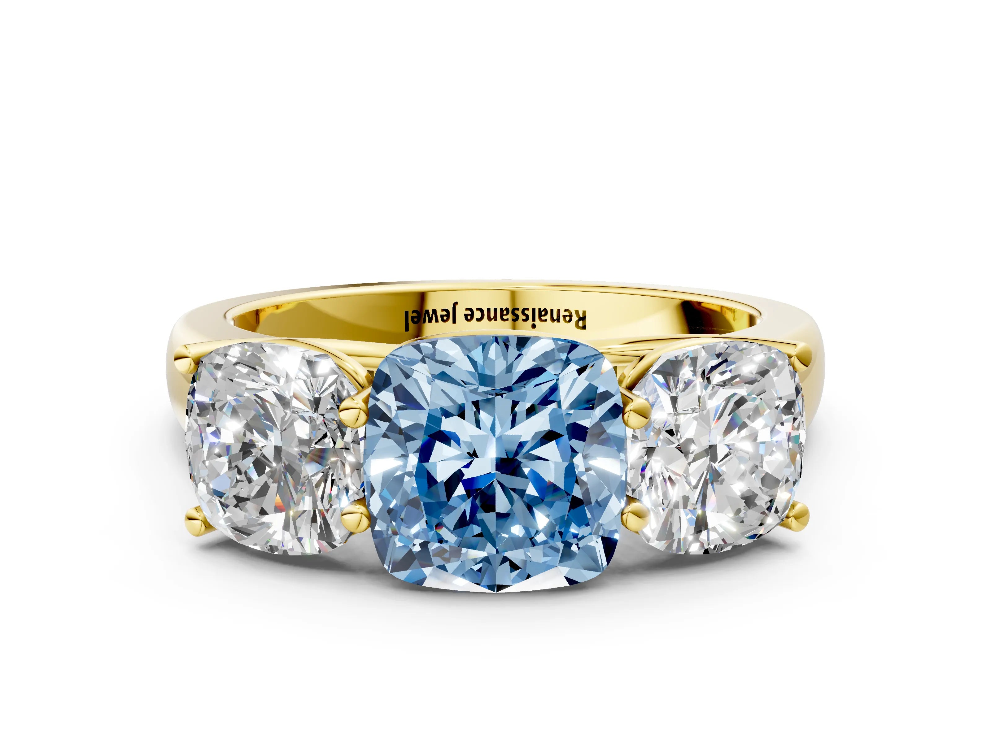 Yellow gold Fancy Blue Cushion Cut Three-Stone Diamond Ring with Prong Setting on a Classic Band