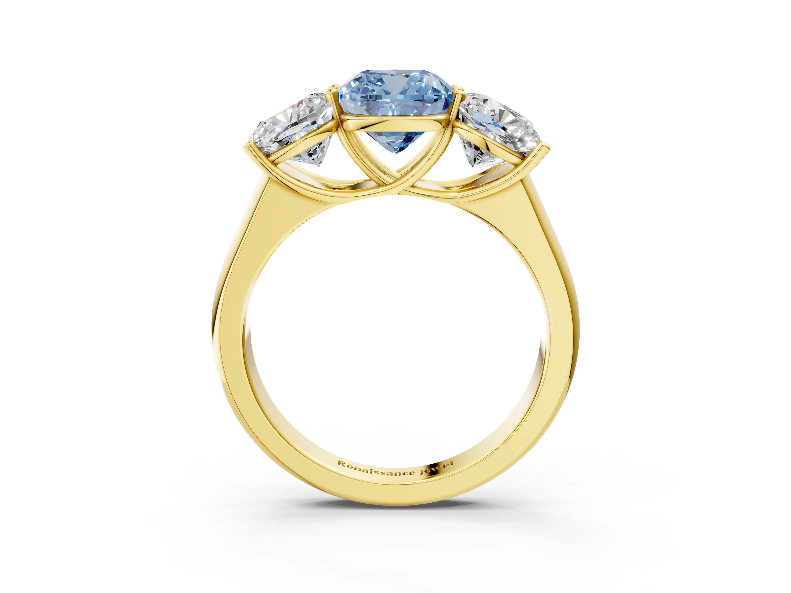 Yellow gold Fancy Blue Cushion Cut Three-Stone Diamond Ring with Prong Setting on a Classic Band_3