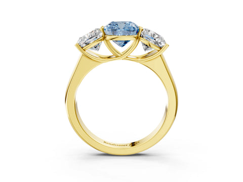 Yellow gold Fancy Blue Cushion Cut Three-Stone Diamond Ring with Prong Setting on a Classic Band_3