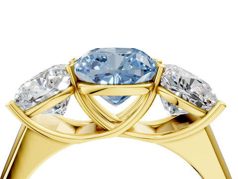 Yellow gold Fancy Blue Cushion Cut Three-Stone Diamond Ring with Prong Setting on a Classic Band_4