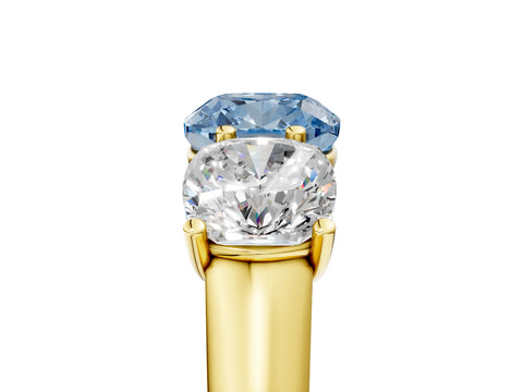 Yellow gold Fancy Blue Cushion Cut Three-Stone Diamond Ring with Prong Setting on a Classic Band_5