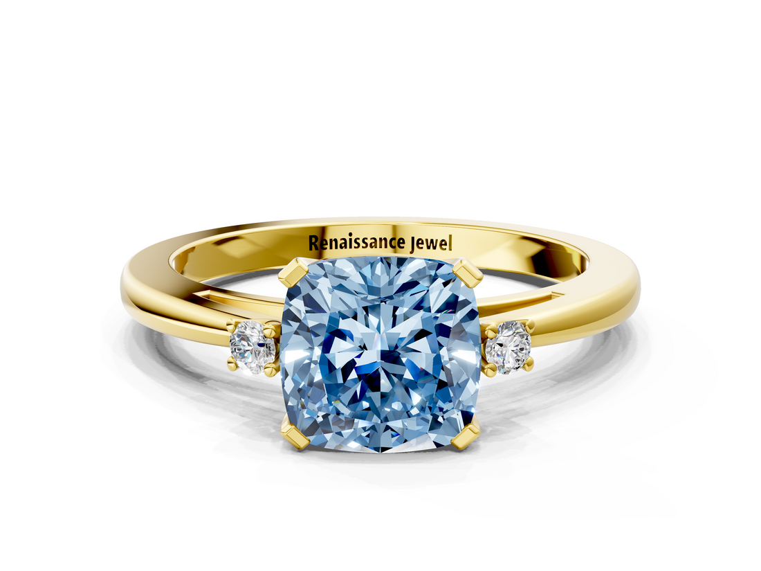 Yellow gold Fancy Blue Cushion  Cut Three-Stone Solitaire Ring with Round Accent Diamonds and Four-Prong Setting_19