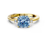 Yellow gold Fancy Blue Cushion  Cut Three-Stone Solitaire Ring with Round Accent Diamonds and Four-Prong Setting_19