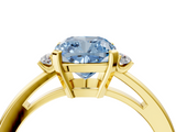 Yellow gold Fancy Blue Cushion  Cut Three-Stone Solitaire Ring with Round Accent Diamonds and Four-Prong Setting_23