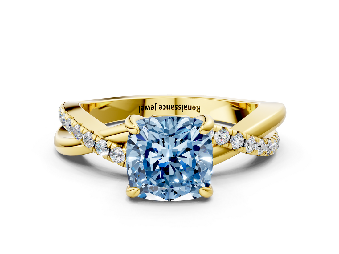 Yellow gold Fancy Blue Cushion  Cut Twist Band Solitaire Diamond Ring with Pavé Setting_3