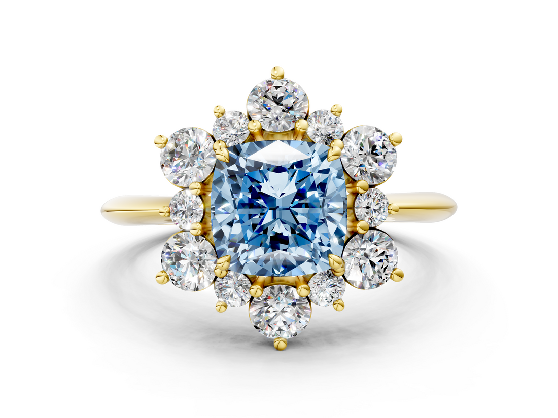 Yellow gold Fancy Blue Cushion  Diamond Cluster Halo Ring with Solitaire Band and Four-Prong Setting_20