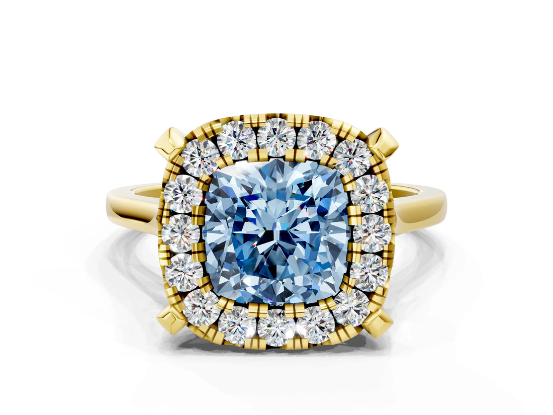 Yellow gold Fancy Blue Cushion  Diamond Cluster Halo Solitaire with Four-Prong Setting_94