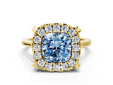 Yellow gold Fancy Blue Cushion  Diamond Cluster Halo Solitaire with Four-Prong Setting_94