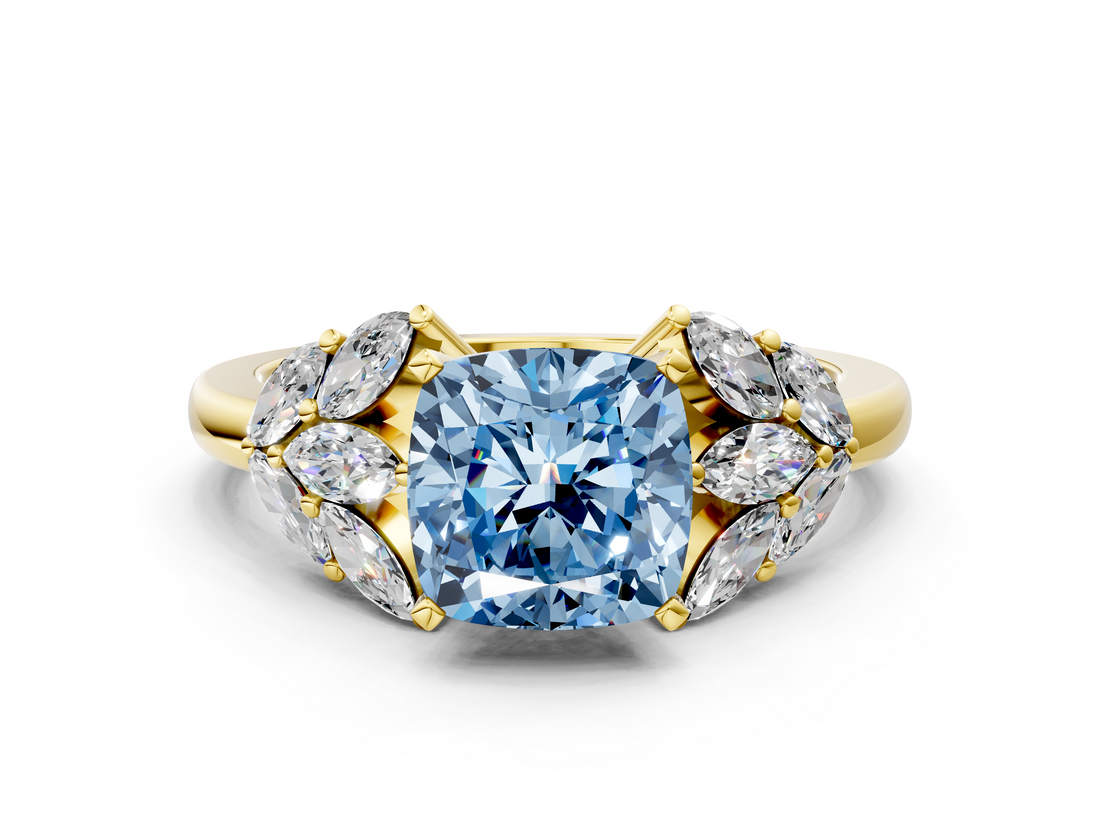Yellow gold Fancy Blue Cushion  Diamond Cluster Leaf Design Ring with Prong Setting_65
