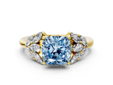 Yellow gold Fancy Blue Cushion  Diamond Cluster Leaf Design Ring with Prong Setting_65