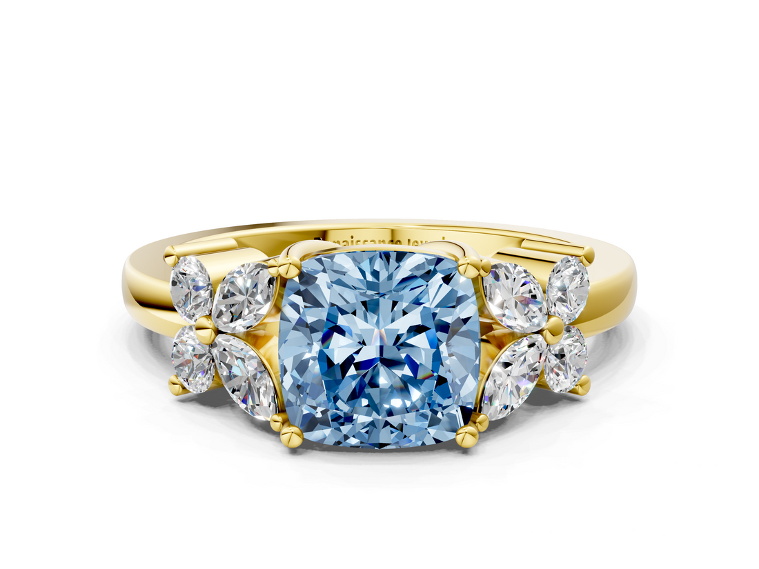 Yellow gold Fancy Blue Cushion  Diamond Floral Cluster Ring with Solitaire Band and Prong Setting_31