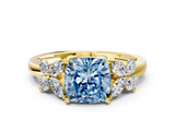 Yellow gold Fancy Blue Cushion  Diamond Floral Cluster Ring with Solitaire Band and Prong Setting_31