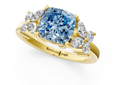 Yellow gold Fancy Blue Cushion  Diamond Floral Cluster Ring with Solitaire Band and Prong Setting_32
