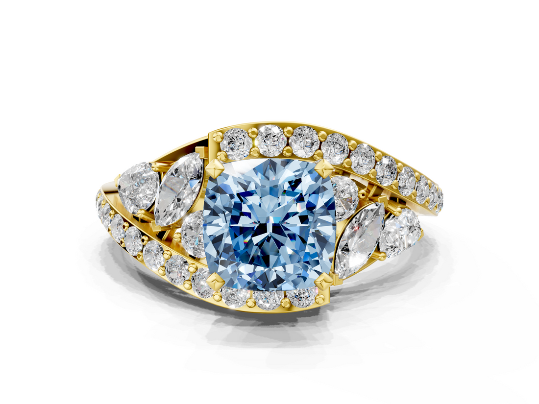 Yellow gold Fancy Blue Cushion  Diamond Halo Ring with Marquise and Pavé Band in Prong Setting_55