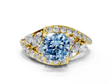 Yellow gold Fancy Blue Cushion  Diamond Halo Ring with Marquise and Pavé Band in Prong Setting_55