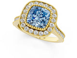 Yellow gold Fancy Blue Cushion  Diamond Halo Ring with Milgrain Frame and Pavé Band 1