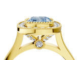 Yellow gold Fancy Blue Cushion  Diamond Halo Ring with Milgrain Frame and Pavé Band 4