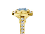 Yellow gold Fancy Blue Cushion  Diamond Halo Ring with Milgrain Frame and Pavé Band 5