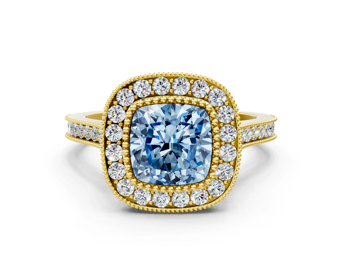 Yellow gold Fancy Blue Cushion  Diamond Halo Ring with Milgrain Frame and Pavé Band