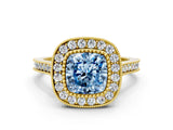 Yellow gold Fancy Blue Cushion  Diamond Halo Ring with Milgrain Frame and Pavé Band