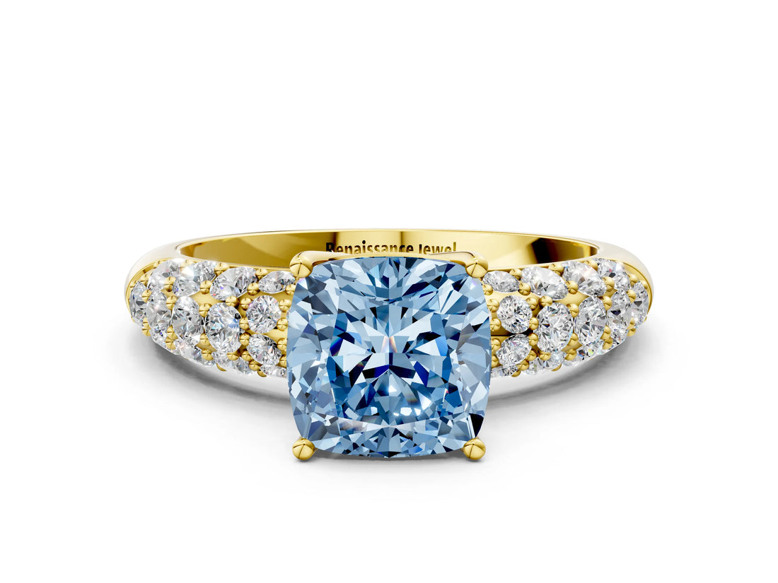 Yellow gold Fancy Blue Cushion  Diamond Pavé Band Solitaire Ring with Four-Prong Setting_48