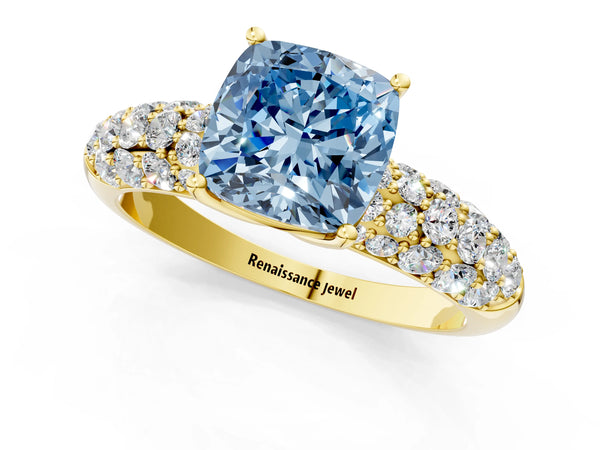 Yellow gold Fancy Blue Cushion  Diamond Pavé Band Solitaire Ring with Four-Prong Setting