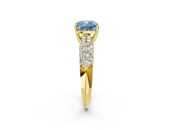 Yellow gold Fancy Blue Cushion  Diamond Pavé Band Solitaire Ring with Four-Prong Setting