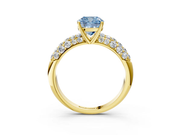 Yellow gold Fancy Blue Cushion  Diamond Pavé Band Solitaire Ring with Four-Prong Setting