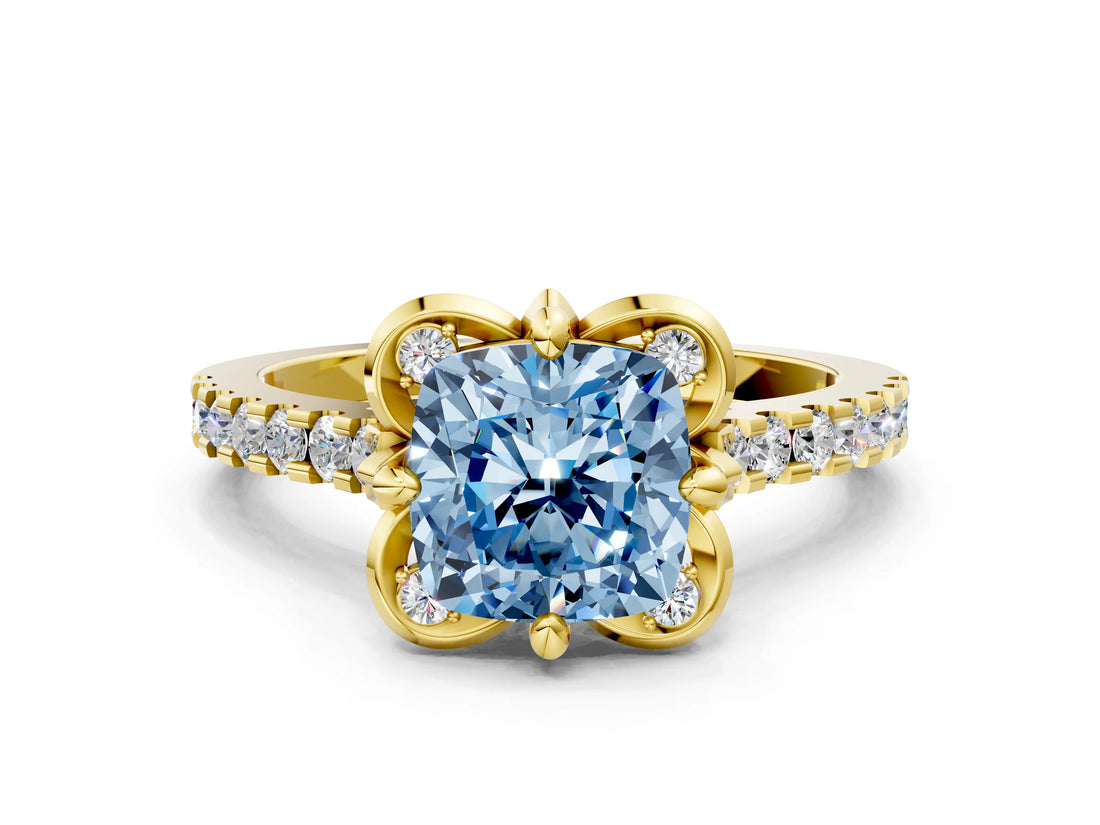 Yellow gold Fancy Blue Cushion  Diamond Pave Band with Floral Prong Setting_27