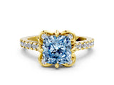 Yellow gold Fancy Blue Cushion  Diamond Pave Band with Floral Prong Setting_27