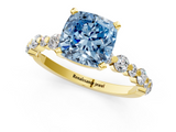 Yellow gold Fancy Blue Cushion  Diamond Prong Set Engagement Ring with Pave Band_223