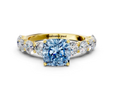 Yellow gold Fancy Blue Cushion  Diamond Prong Setting with Side Stones on a Pave Band_141