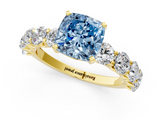 Yellow gold Fancy Blue Cushion  Diamond Prong Setting with Side Stones on a Pave Band_142