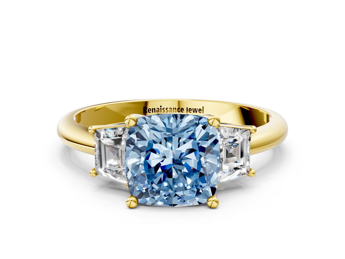 Yellow gold Fancy Blue Cushion  Diamond Three-Stone Ring with Trapezoid Side Stones and Prong Setting_34