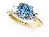 Yellow gold Fancy Blue Cushion  Diamond Three-Stone Ring with Trapezoid Side Stones and Prong Setting_35