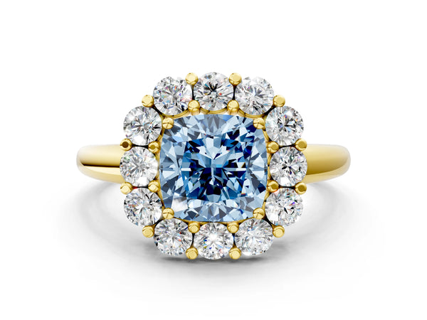 Yellow gold Fancy Blue Cushion  Halo Cluster Diamond Engagement Ring with Prong Setting and Polished Band