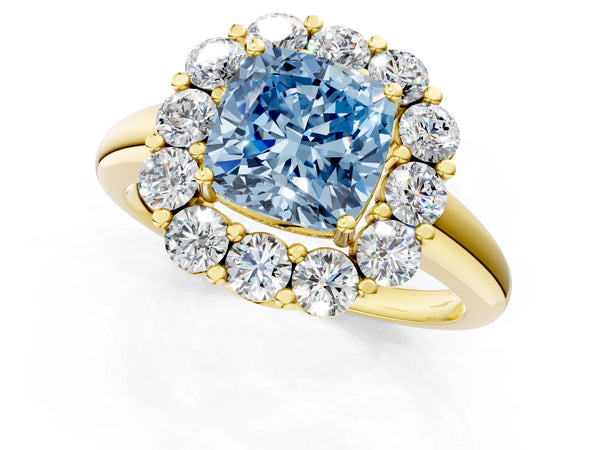 Yellow gold Fancy Blue Cushion  Halo Cluster Diamond Engagement Ring with Prong Setting and Polished Band