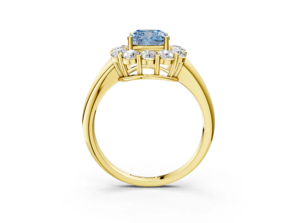 Yellow gold Fancy Blue Cushion  Halo Cluster Diamond Engagement Ring with Prong Setting and Polished Band