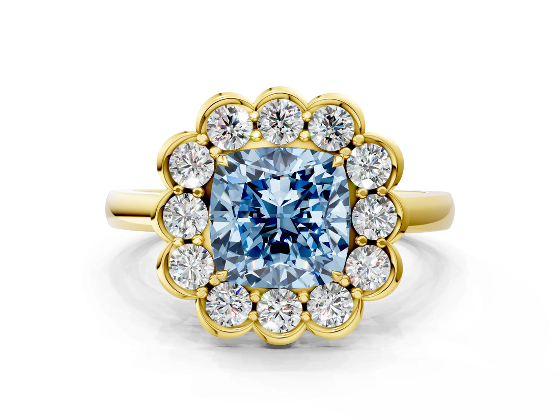 Yellow gold Fancy Blue Cushion  Halo Cluster Diamond Engagement Ring with Solitaire Band and Prong Setting_49