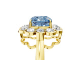 Yellow gold Fancy Blue Cushion  Halo Cluster Diamond Engagement Ring with Solitaire Band and Prong Setting_54