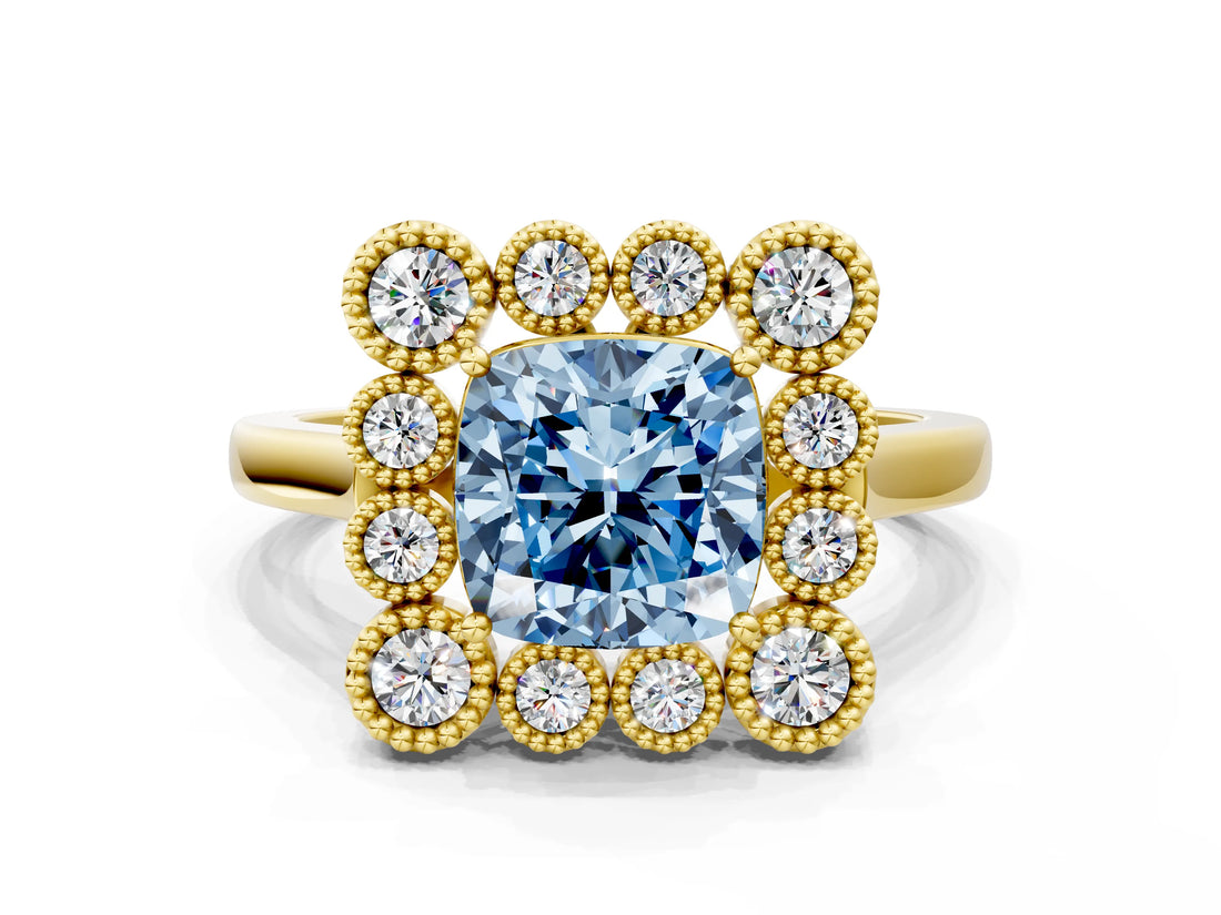 Yellow gold Fancy Blue Cushion  Halo Diamond Cluster Engagement Ring with Milgrain Bezel Setting and Solitaire Band_27
